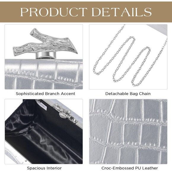 Women's Silver Crocodile Leather Formal Evening Shoulder Clutch Chain Strap Bag - Picture 3 of 6